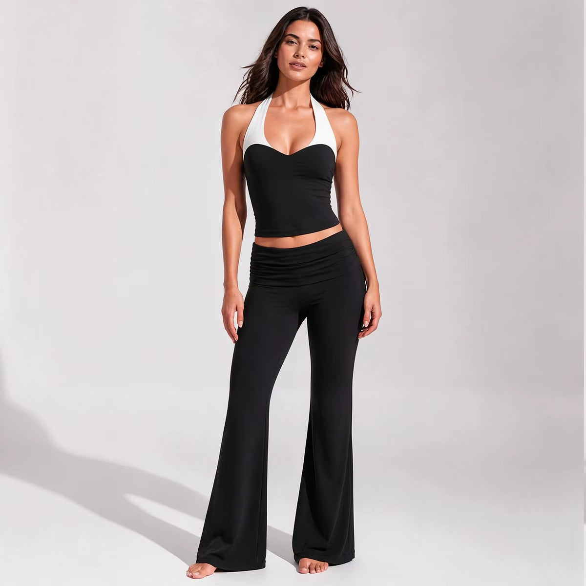 Women's Color Block Brushed Yoga Set: Halter Crop Top and High-Waist Flare Pants for Pilates and Training