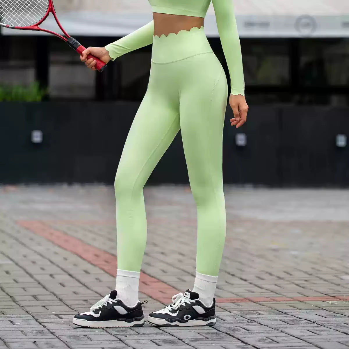 Black High Elasticity Square Neck Long Sleeve Compression Yoga Leggings for Fitness and Workouts