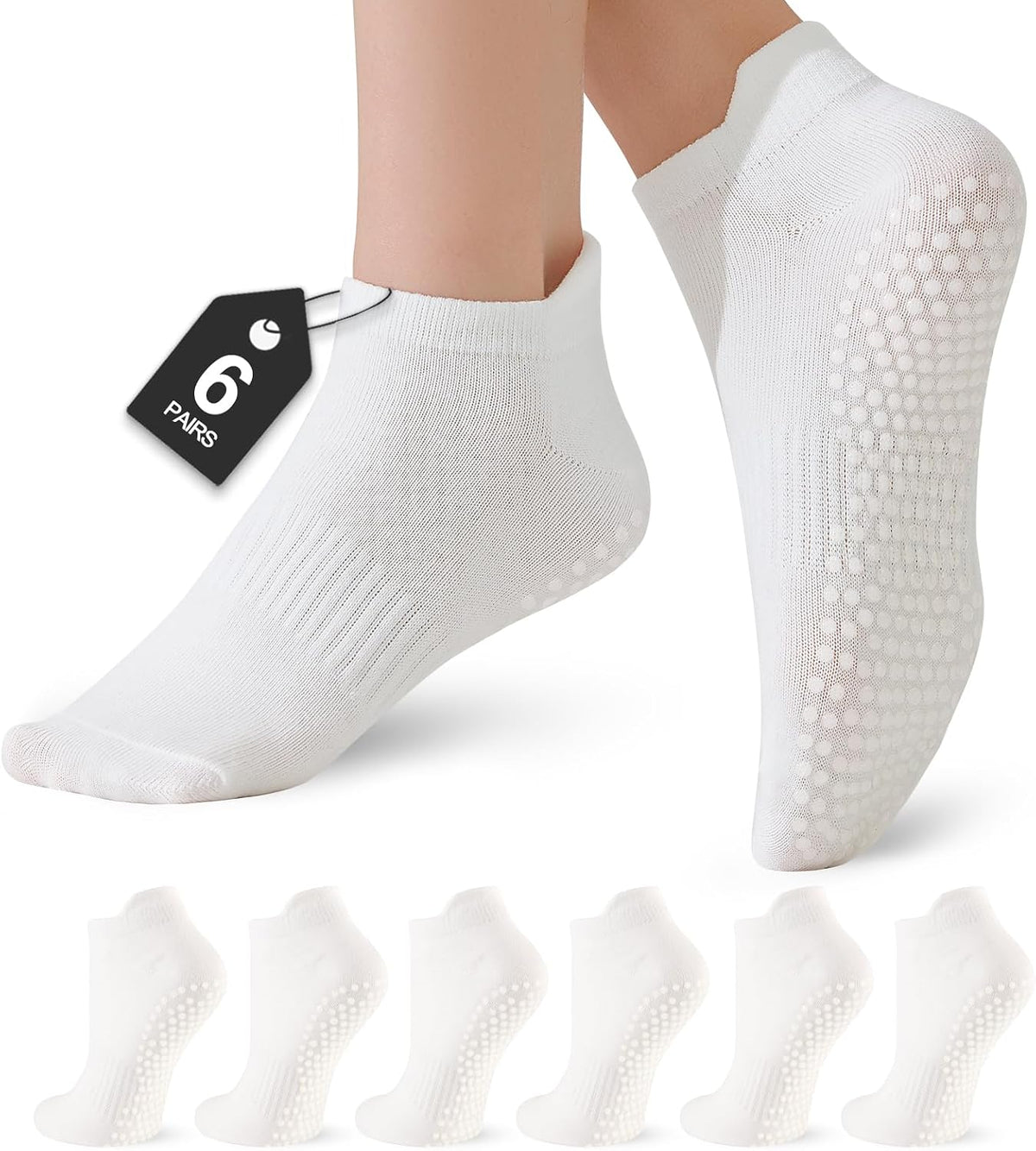 Women's Pilates Socks - 6 Pairs Non-Slip Grip Crew Socks for Yoga, Barre, Ballet, Dance, and Hospital Use