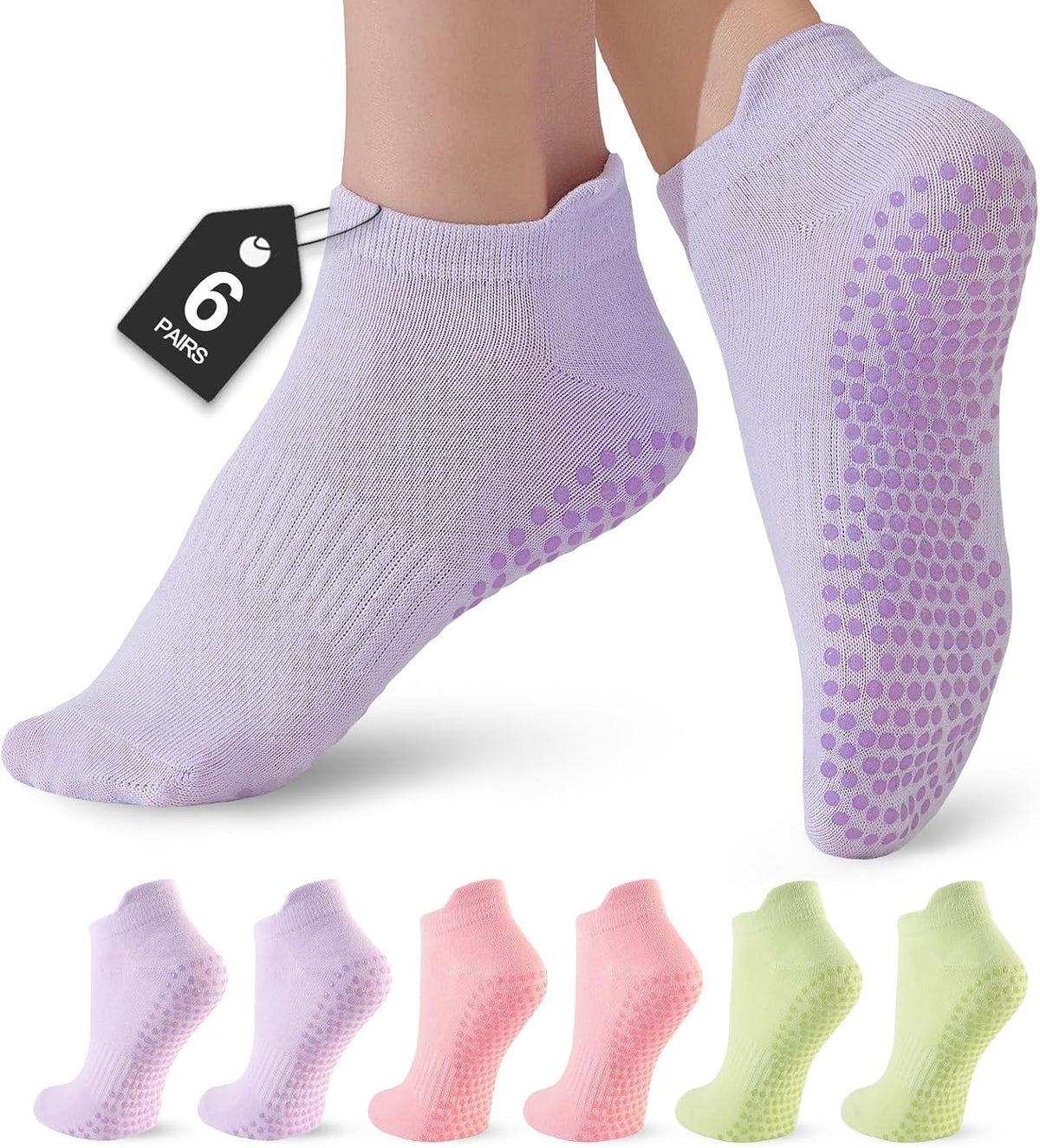 Women's Pilates Socks - 6 Pairs Non-Slip Grip Crew Socks for Yoga, Barre, Ballet, Dance, and Hospital Use