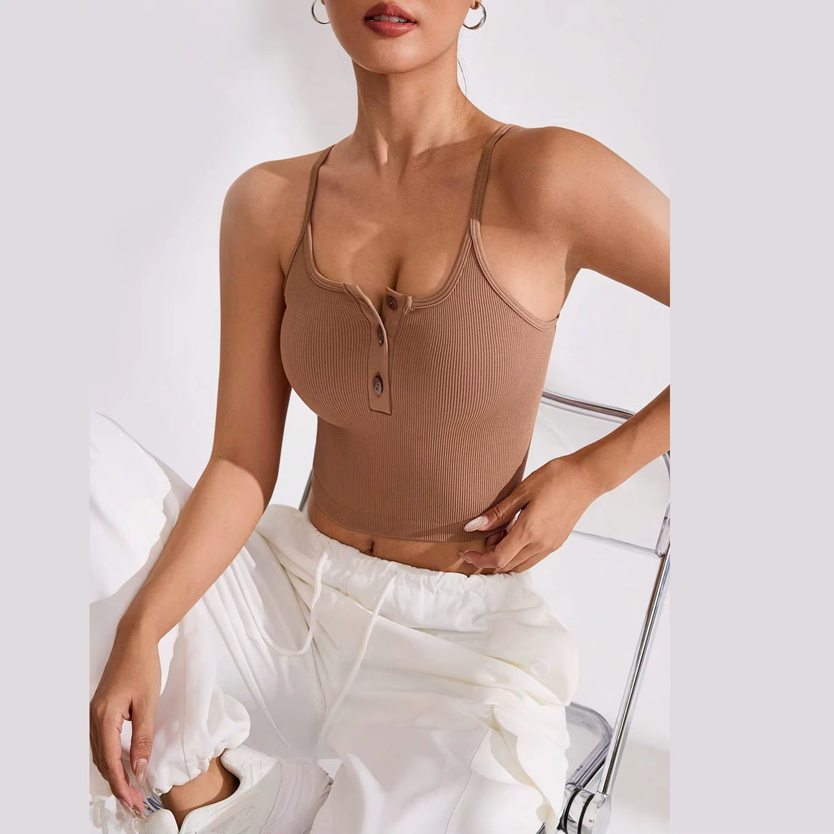 Ribbed Spaghetti Strap Crop Camisole with V-Neck and Half Button Front - Women's Summer Casual Tank Top