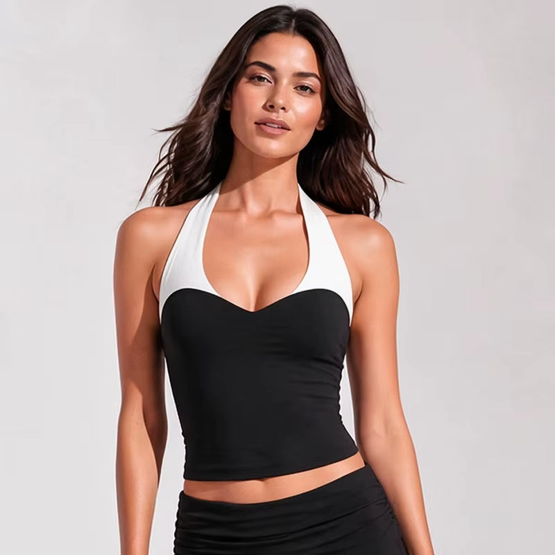 Women's Color Block Brushed Yoga Set: Halter Crop Top and High-Waist Flare Pants for Pilates and Training