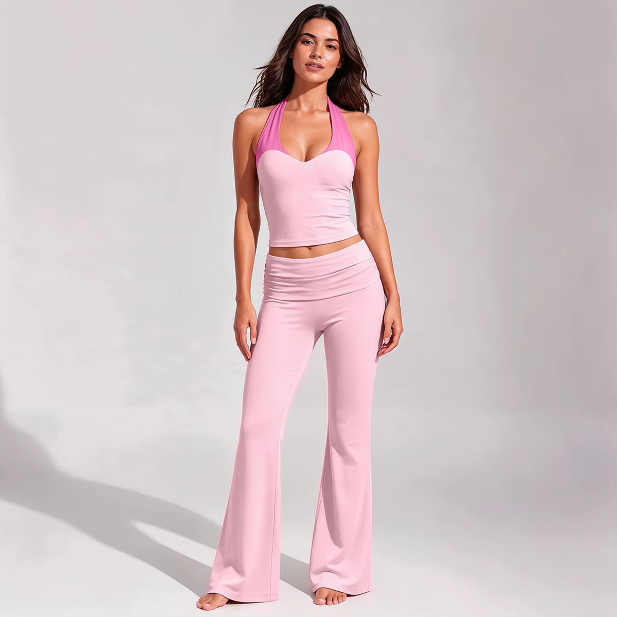 Women's Color Block Brushed Yoga Set: Halter Crop Top and High-Waist Flare Pants for Pilates and Training