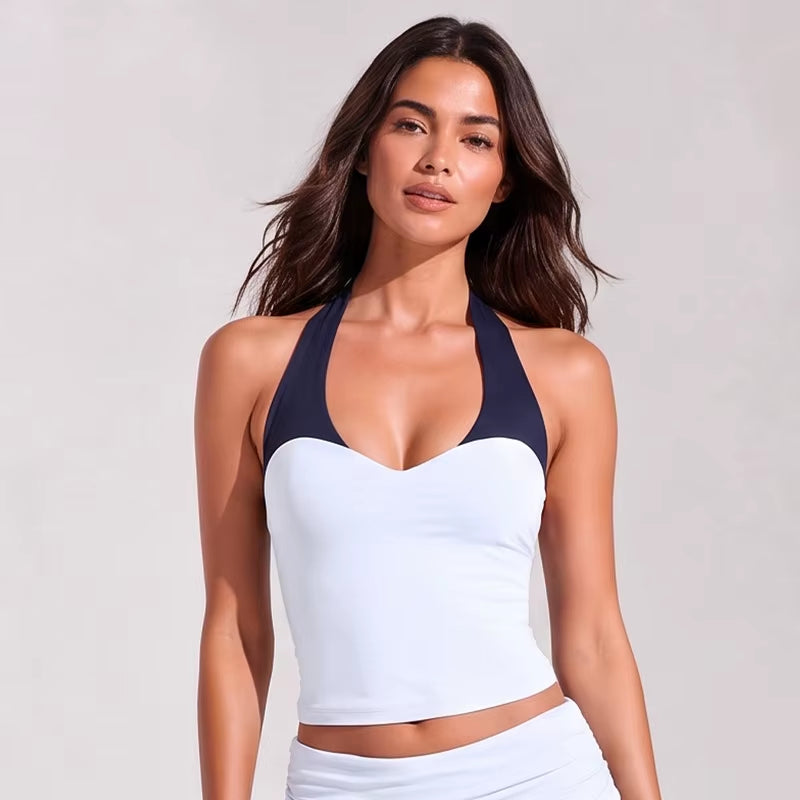 Women's Color Block Brushed Yoga Set: Halter Crop Top and High-Waist Flare Pants for Pilates and Training
